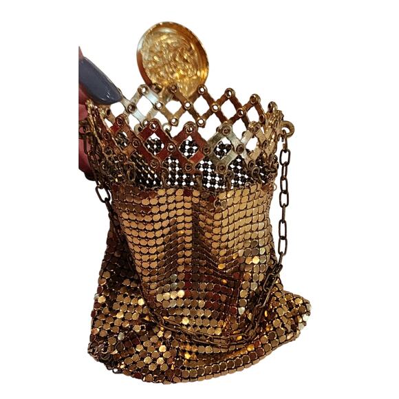 Antique 1930s Gold Chain Maille Mesh Evening Bag Art Deco Cocktail Floral Cap - Picture 7 of 9